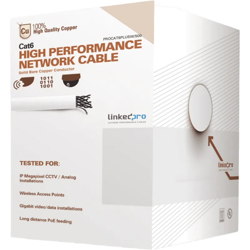 Bobina de Cable de 152 Metros (500 Pies) Cat6+ Calibre 23 Alto Desempeño, Super Flexible, UL, Color Blanco, para Aplicaciones de Video Vigilancia y Redes de Datos