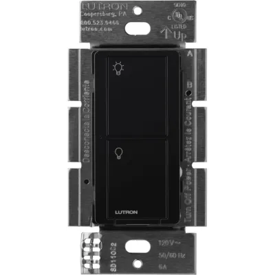 Interruptor de pared inalámbrico on/off de 2 botones, 5 A para LED/CFL, voltaje dual 120/277 V sin cable neutro, compatible con control Pico y sensores Radio Powr Savr