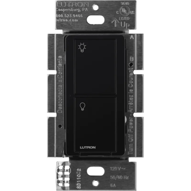Interruptor de pared inalámbrico on/off de 2 botones, 5 A para LED/CFL, voltaje dual 120/277 V sin cable neutro, compatible con control Pico y sensores Radio Powr Savr