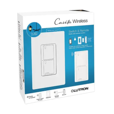 Kit de interruptor de pared Caseta Wireless de 5 A para todo tipo de focos y ventiladores, con control Pico de 2 botones, adaptador de montaje y placa, 120 V, requiere neutro