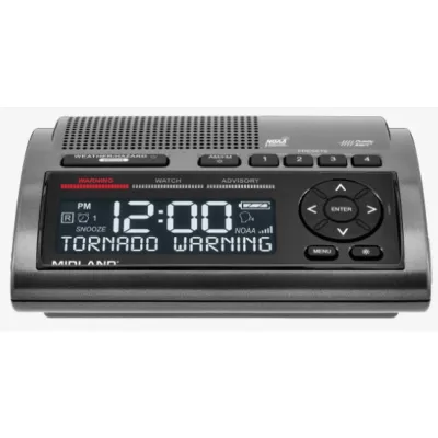 Radio de Alerta Meteorológica WR400 / 7 Canales NOAA y Environment Canada / Almacena 10 Alertas / Sirena de 85 dB / Reloj Dual con Alarma / Carga USB / Certificado Public Alert