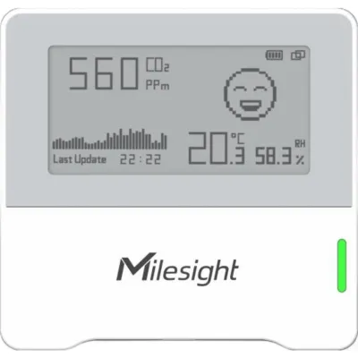 Sensor de Monitoreo Ambiental Interior / CO2 NDIR 400-5000 ppm / Temperatura ±0.2°C / Humedad ±2% RH / Pantalla E-ink 2.13 Pulgadas / LoRaWAN / NFC / Batería hasta 4.5 Años