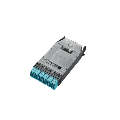 Cassette HD Flex de 12 Fibras Multimodo OM4, de MPO a 6 Conectores y Precargado con 12 Pigtails LC Duplex, Color Aqua