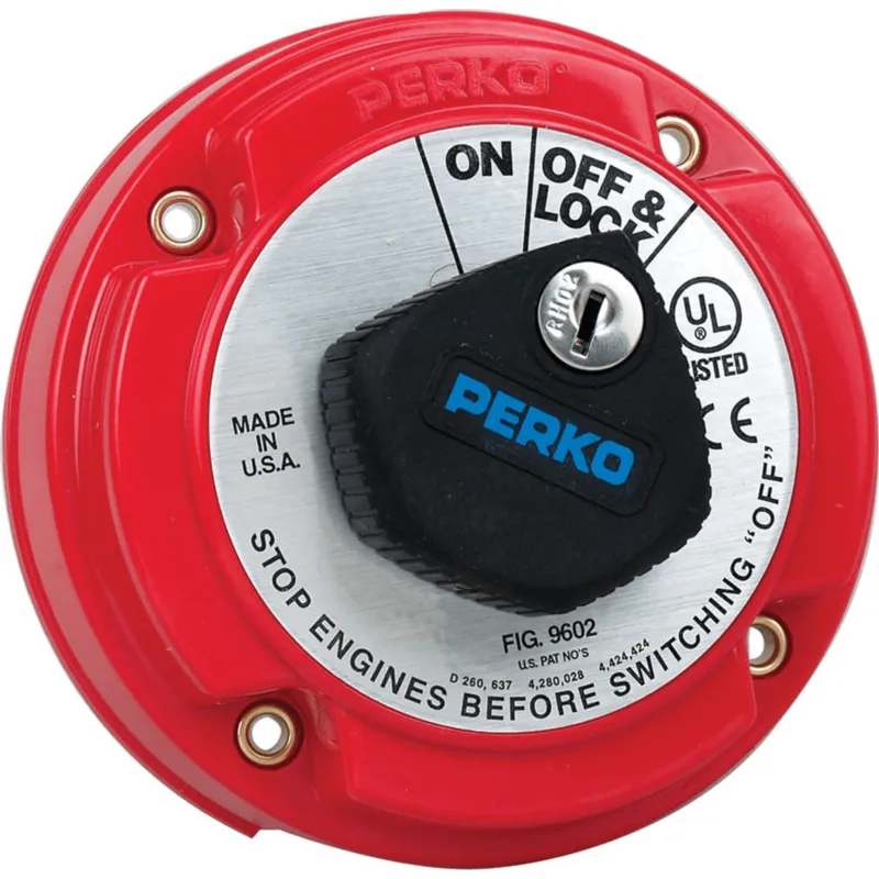 Interruptor de Desconexión de Batería Marina PERKO 9602 con Llave / 250A Continuos 360A Intermitentes / 6-32 VCC / Bloqueo en OFF / Montaje Superficie / Encendido Protegido