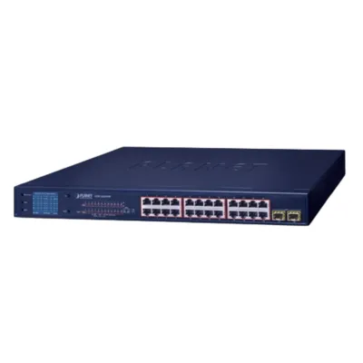 Switch PoE de 24 Puertos Gigabit 802.3af/at con Modo Extendido 250 m, 2 Puertos SFP 1000SX , Pantalla LCD para Configuración Básica, Hasta 300 W para PoE