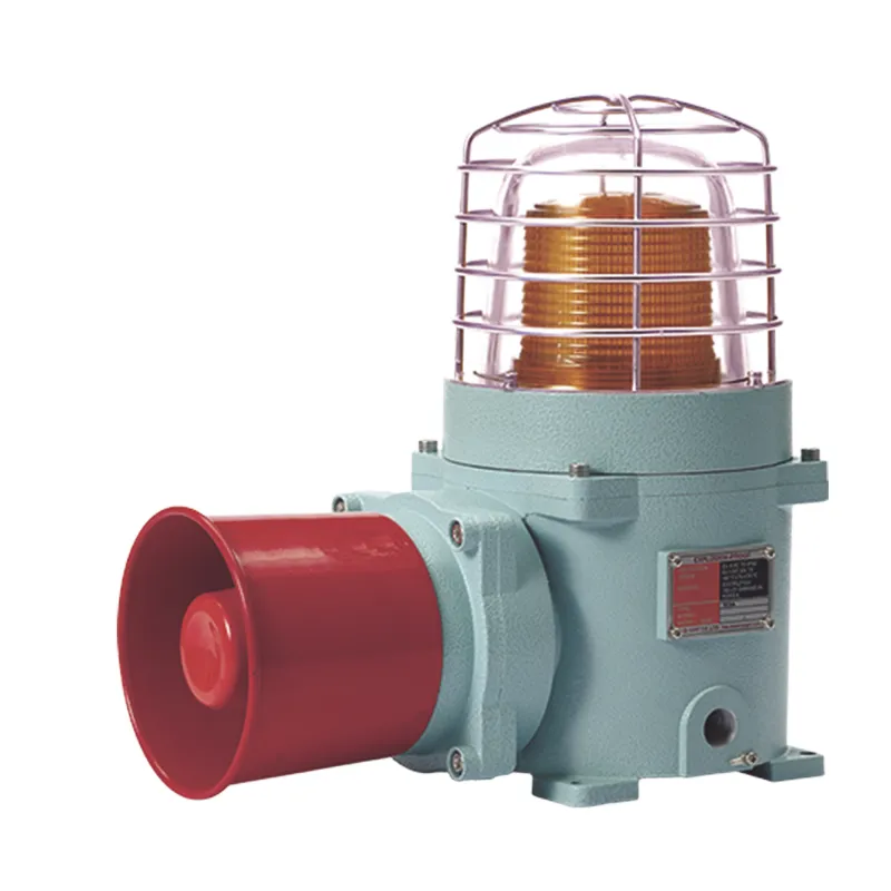 Combinación de baliza LED color Ámbar con patrón fijo y flasheante con sirena electrónica, Volumen máx. 120 dB para zonas peligrosas a 120 VCA
