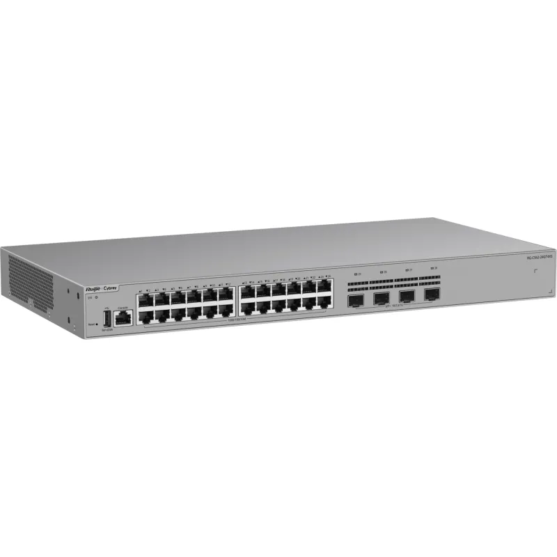Switch Ethernet de Acceso 1000 Mbps / 24 Puertos RJ45 10/100/1000BASE-T / 4 Puertos SFP+ 1GE/2.5GE/10GE / Capacidad 128 Gbps / Enrutamiento Layer 3 / VSU / Diseño Sin Ventilador / 1 RU / Línea Cybrey