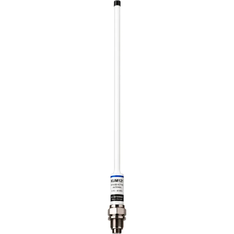 Antena Activa de Recepción HF/SSB / Omnidireccional / Rango 0.15–30 MHz / Ancho de Banda 29.85 MHz / Impedancia 50 Ohm / Alimentación 9–12 VDC / IP68 / Fibra de Vidrio / 1.26 m (4.10 ft)