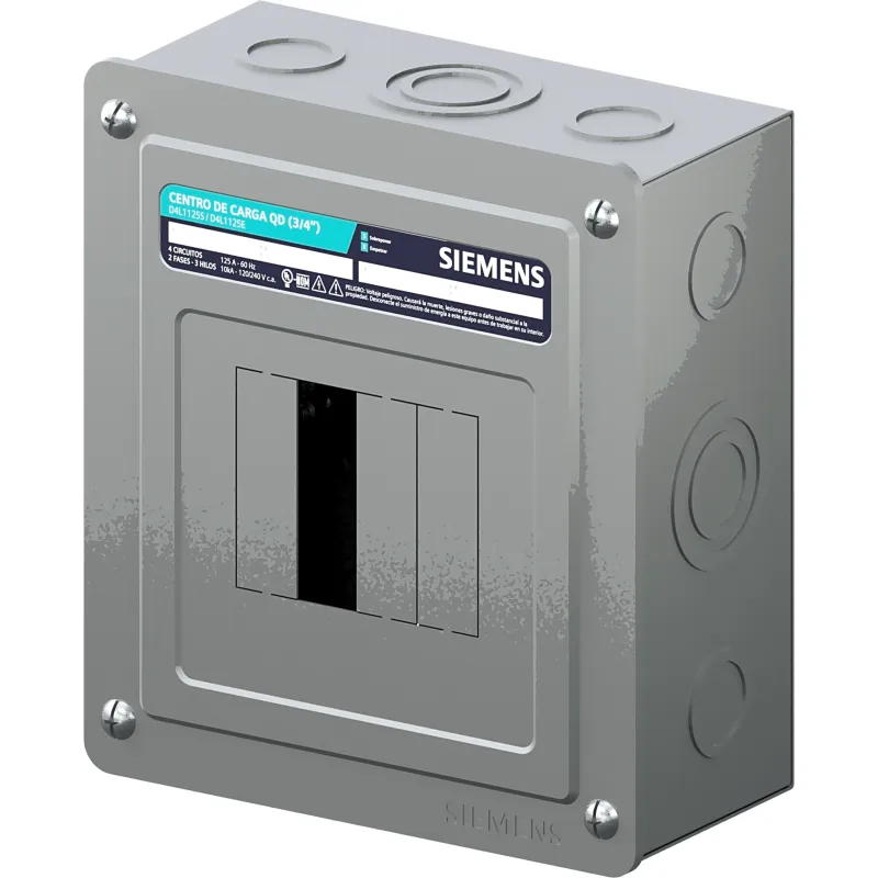 Centro de carga monofásico para sobreponer. 1 Fase, 3 Hilos para interruptores QD, de 4 polos, 120/240vca, Barras de aluminio 125 Amp, Nema 1.