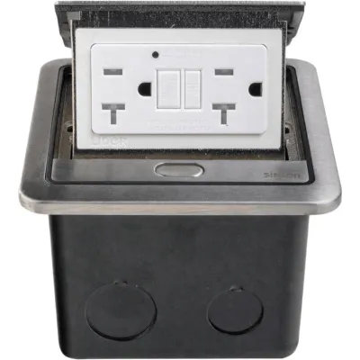 Caja de Piso IP44 con GFCI / 20 A / 2500 W / AUTOTEST / Acero Inoxidable / Push to Open / Protección Aguas Abajo / Seguridad TR / Uso en Piso Falso