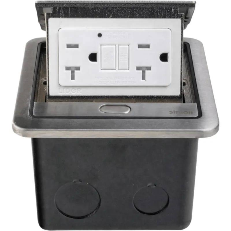 Caja de Piso IP44 con GFCI / 20 A / 2500 W / AUTOTEST / Acero Inoxidable / Push to Open / Protección Aguas Abajo / Seguridad TR / Uso en Piso Falso