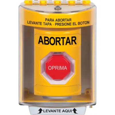 Botón de Abortar, Texto en Español, Tapa Protectora de Policarbonato Súper Resistente, Momentáneo