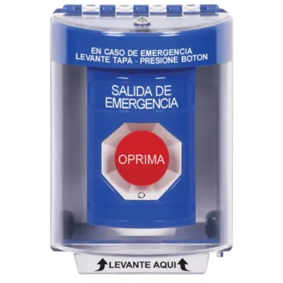 Botón Multipropósito, Color Azul, De Superficie, Con Tapa De Policarbonato, Sin Bocina, Para Interior/Exterior, Llave Para Restablecer, Texto Salida De Emergencia, Español