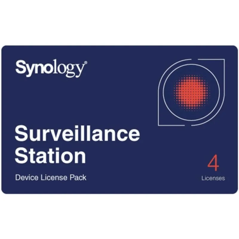 Licencias de Dispositivos de Vigilancia Synology | Paquete de 4 Licencias | Compatibilidad con Cámaras IP, Módulos de E/S, Altavoces IP | Gestión Centralizada CMS | Licencias Predeterminadas Incluidas.