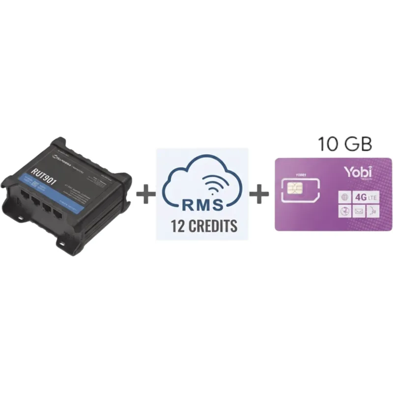 Router Teltonika LTE/4G RUT901 + 12 creditos RMS + SIM de YOBI de 10GB por Mes durante un año de servicio (solo datos)