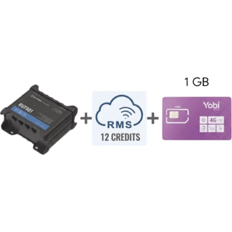 Router Teltonika LTE/4G RUT901 + 12 creditos RMS + SIM de YOBI de 1GB por Mes durante un año de servicio (solo datos)