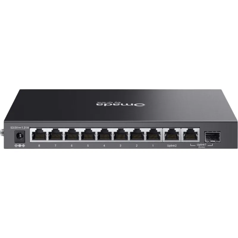 Switch Gigabit Easy Managed PoE+ / 10 Puertos (8 PoE+ + 1 RJ45 + 1 SFP Combo) / 63W Presupuesto PoE+ / PoE Extendido 250 m / Fanless Carcasa Metálica / Gestión Centralizada Omada SDN / Desktop-Wall Mount