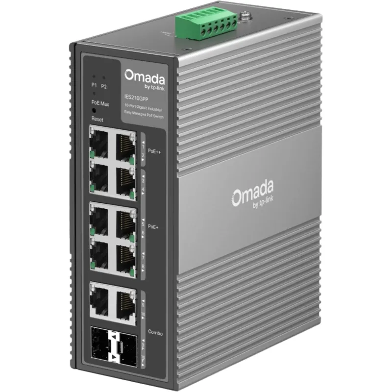 Switch Industrial PoE / 10 Puertos Gigabit / 2× PoE++ 802.3bt (Hasta 60 W) + 6× PoE+ 802.3at/af / 2× Combo RJ45/SFP Gigabit / Presupuesto PoE 240 W / Alimentación Redundante 1+1 DC 12-57V / Carcasa de Aluminio IP40 Fanless / Prote