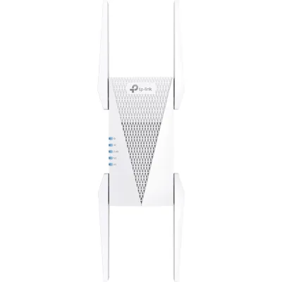 Extensor de Rango Wi-Fi 6E / AXE5400 Tri-Banda (6 GHz + 5 GHz + 2.4 GHz) / 5400 Mbps Combinados / Canal Ultra Ancho 160 MHz / 4 Antenas Externas Orientables + 6 Módulos FEM / 1 Puerto Gigabit Ethernet / OneMesh y EasyMesh / WPA3 / Enchufe Directo a