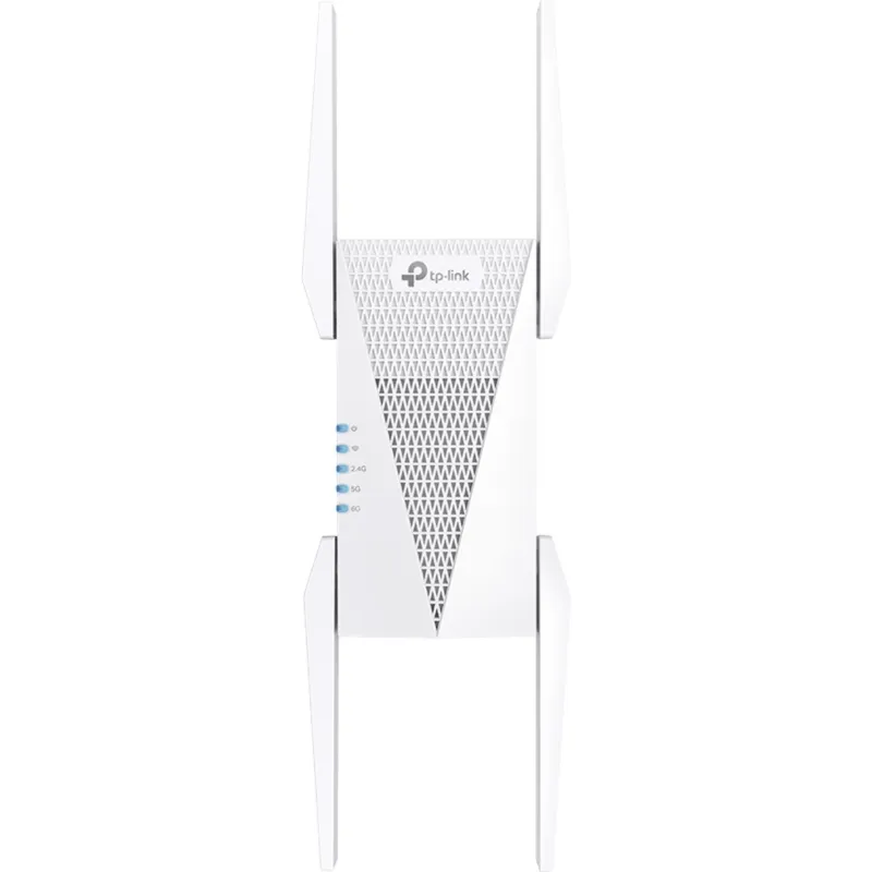 Extensor de Rango Wi-Fi 6E / AXE5400 Tri-Banda (6 GHz + 5 GHz + 2.4 GHz) / 5400 Mbps Combinados / Canal Ultra Ancho 160 MHz / 4 Antenas Externas Orientables + 6 Módulos FEM / 1 Puerto Gigabit Ethernet / OneMesh y EasyMesh / WPA3 / Enchufe Directo a