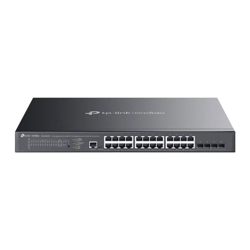 Switch L2+ Gestionado Omada / 24 Puertos Gigabit RJ45 + 4 Puertos 10G SFP+ / 16 Puertos PoE+ (30W) + 8 Puertos PoE++ (90W) / 128 Gbps Capacidad / 95.23 Mpps Forwarding / 500W PoE Budget / SDN Cloud Management