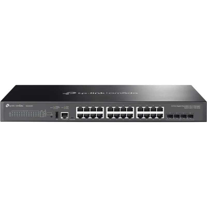 Switch Gestionado Lite L3 Apilable / 24 Puertos Gigabit RJ45 / 4 Ranuras SFP+ 10G / Capacidad de Conmutación 128 Gbps / Stacking Físico hasta 4 Unidades / L3: RIP, OSPF, VRRP, Enrutamiento Estático, DHCP Server/Relay / Seguridad: ACL,