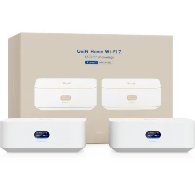 WiFi para todo el Hogar, UniFi Express UX7 Kit de 2 Piezas, Cloud Gateway WiFi 7 Compacto con Puerto WAN 10G, Escalable en Malla para Red Completa o Punto de Acceso