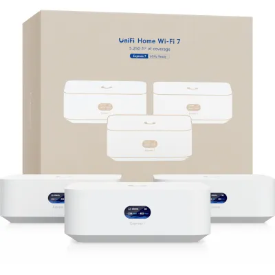 WiFi para todo el Hogar, UniFi Express UX7 Kit de 3 Piezas, Cloud Gateway WiFi 7 Compacto con Puerto WAN 10G, Escalable en Malla para Red Completa o Punto de Acceso