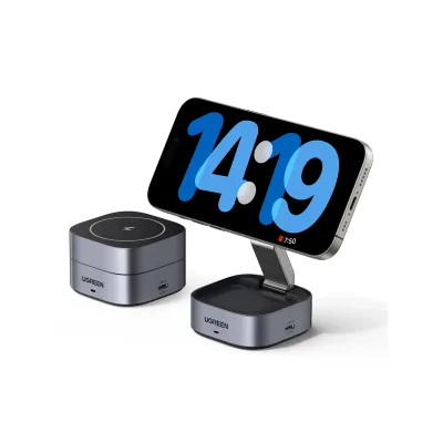 Cargador Inalámbrico Magnético 2 en 1 UGREEN / 25W Máximo Potencia Total / Carga Simultánea iPhone + Smartwatch / Compatibilidad MagSafe y No MagSafe / Puerto USB-C 20W + USB 5W / Diseño Compacto