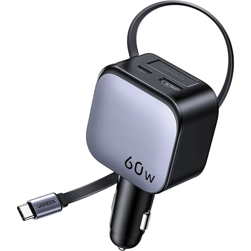 Cargador para Coche 60W / 1 Puerto USB-C + 1 USB-A + Cable Retráctil Integrado 0.7 m (2.3 ft) / PD 3.0 QC 3.0 / Carga Simultánea 3 Dispositivos / Diseño Compacto