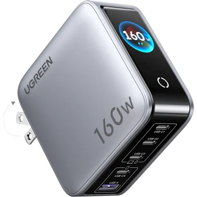 Cargador Rápido GaN de 5 Puertos 160W / Pantalla TFT Inteligente / Control por App / 140W por Puerto / Carga Simultánea 5 en 1 / Asignación Inteligente SmartCharge® / Protección Térmica Thermal Guard™