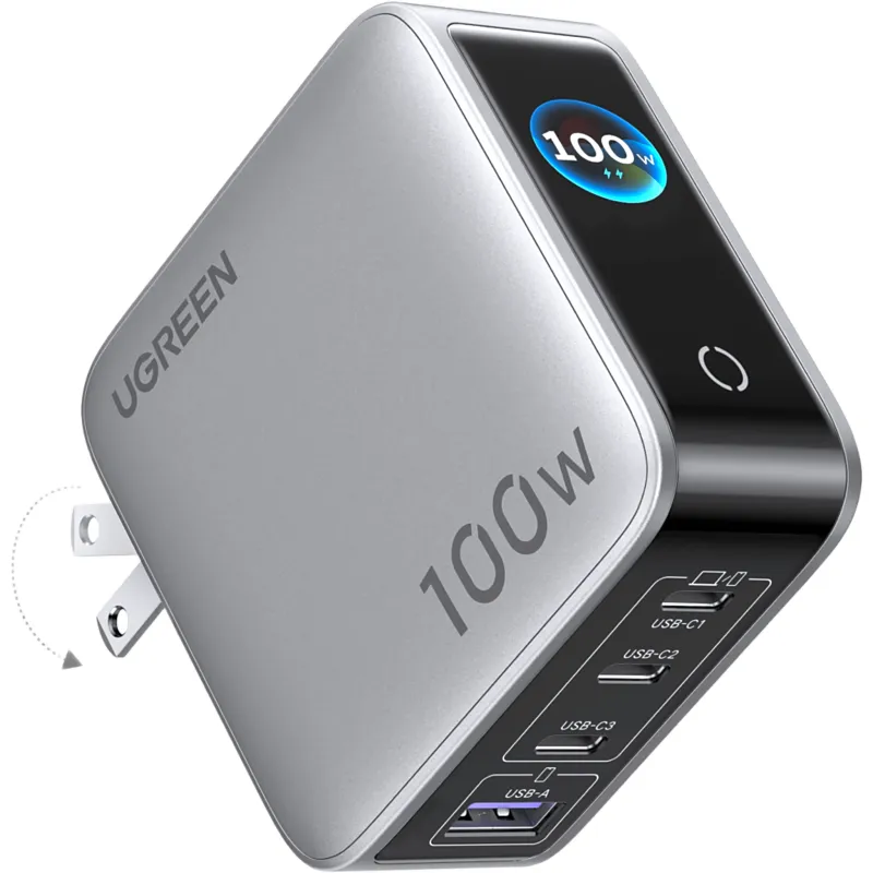 Cargador Rápido GaN / 4 Puertos / 100W / Pantalla TFT Inteligente / Enchufe Plegable / Tecnología AirPyra y GaNInfinity