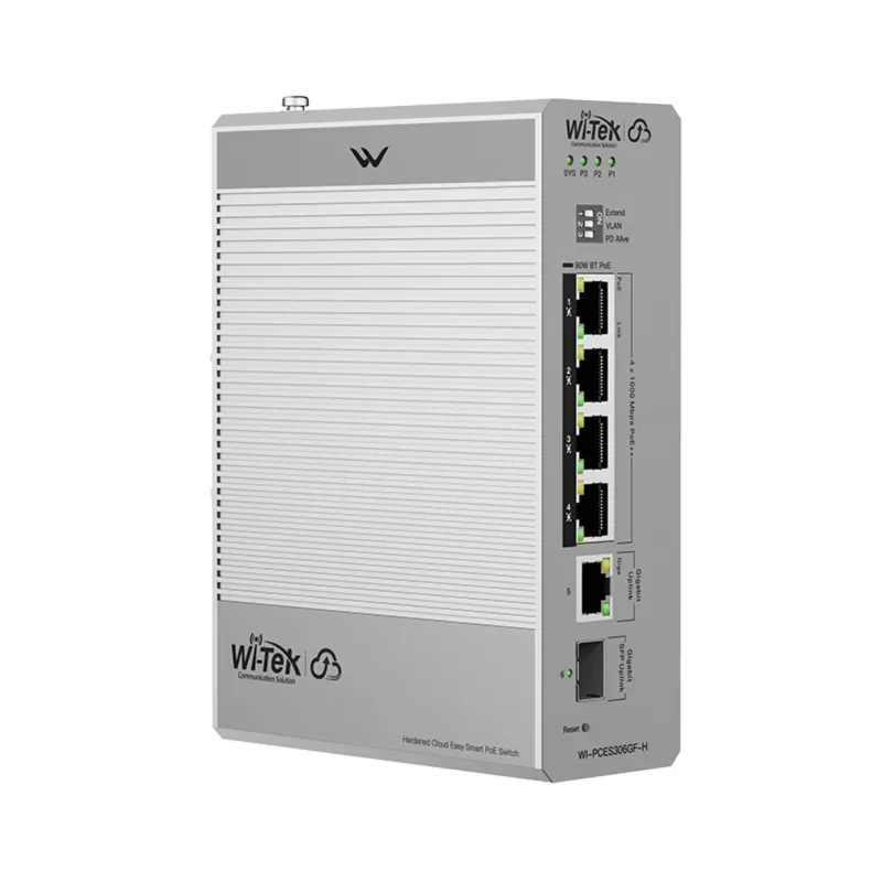 Switch Industrial PoE / 4 Puertos Gigabit PoE++ (802.3bt) / 1 Puerto Gigabit + 1 SFP / Alimentación DC 12-57V / Fanless / DIN-Rail / -30°C a 65°C / 55W-300W Budget PoE