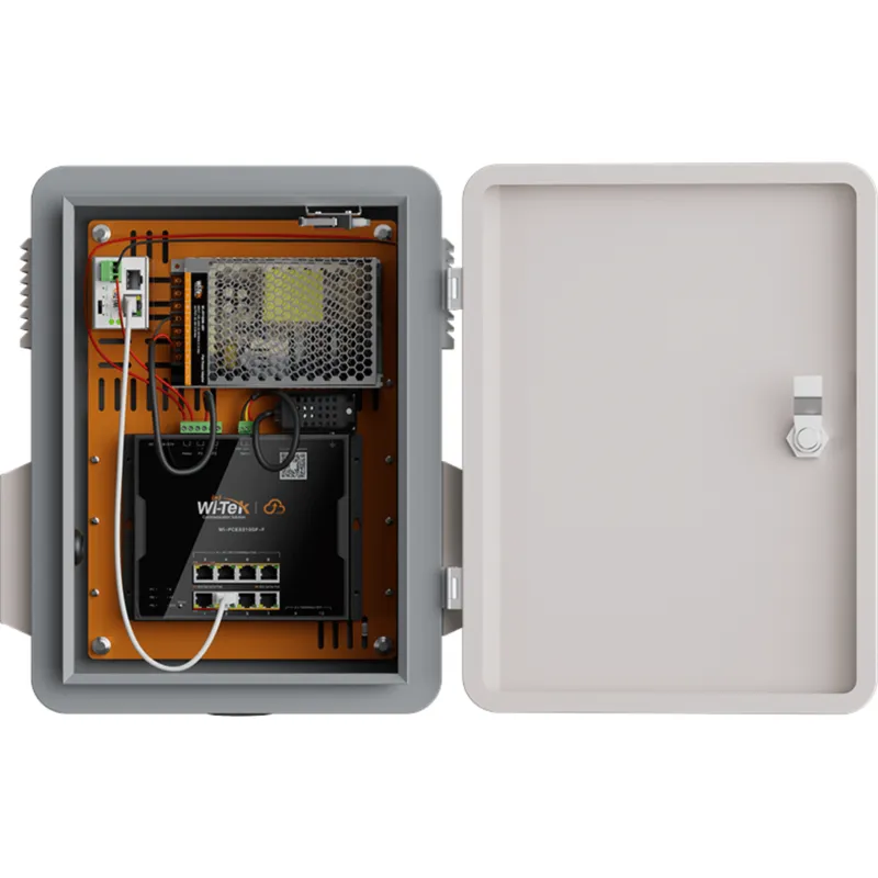 Gabinete todo en uno, protección IP55, switch PoE++ 90W BT, 8 puertos Gigabit, 2 SFP, 20 Gbps, capacidad 150W, sensores: temperatura, humedad y relay