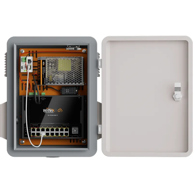 Gabinete todo en uno, protección IP55, switch PoE++ 90W BT, 16 puertos Gigabit, 2 SFP, 20 Gbps, sensores: temperatura, humedad y relay