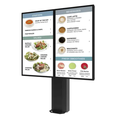 Montaje Tipo Kiosco para exterior compatible con Pantallas de 55" Samsung OH55DS / Diseño Ultradelgado / METAL / Exterior IP65 / Base Pedestal 8" / Soporte para 2 pantallas