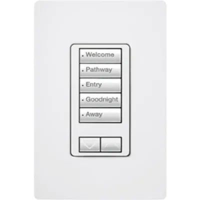 Teclado de pared seeTouch de 5 botones con subir/bajar para control de luces y cortinas en sistemas RadioRA 2, 120 V, retroiluminado, color blanco