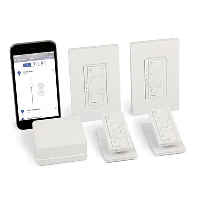 Kit de inicio de iluminación inteligente con hub Smart Bridge, 2 atenuadores de pared sin neutro, 2 controles Pico con pedestal de mesa y 2 placas, Caseta Wireless