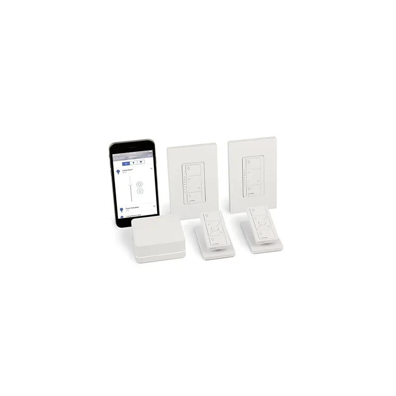 Kit de inicio de iluminación inteligente con hub Smart Bridge, 2 atenuadores de pared sin neutro, 2 controles Pico con pedestal de mesa y 2 placas, Caseta Wireless