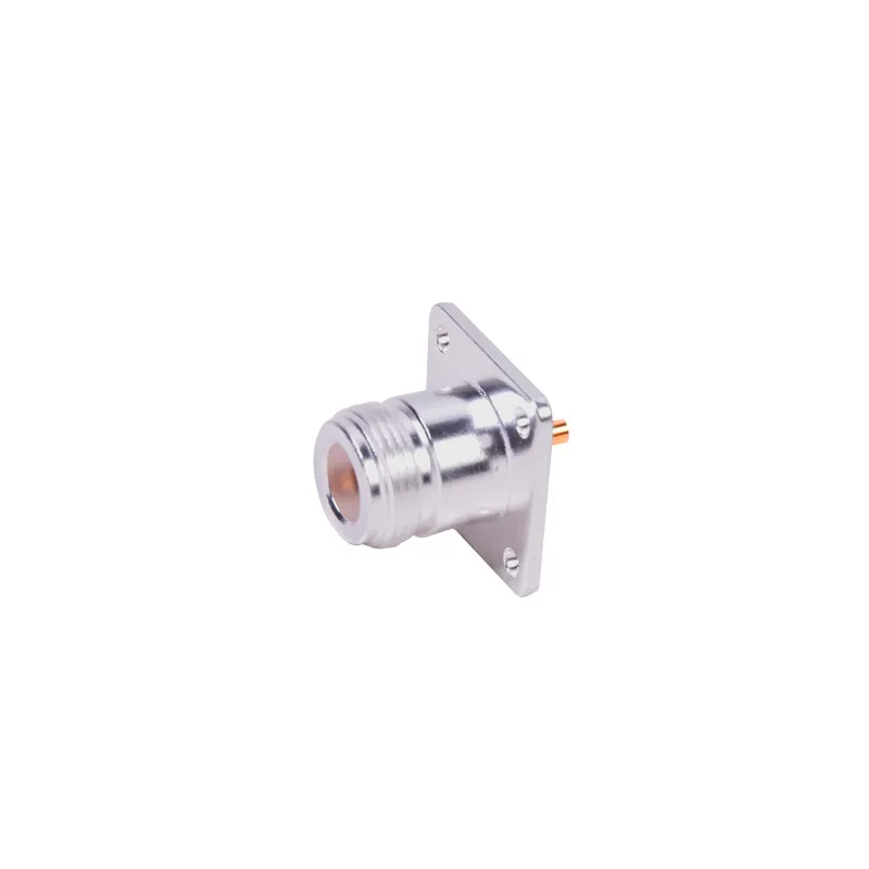 Conector N Hembra para Montaje Frontal en Panel con 4 Perforaciones a 18 mm, Plata/ Oro/ Teflón.