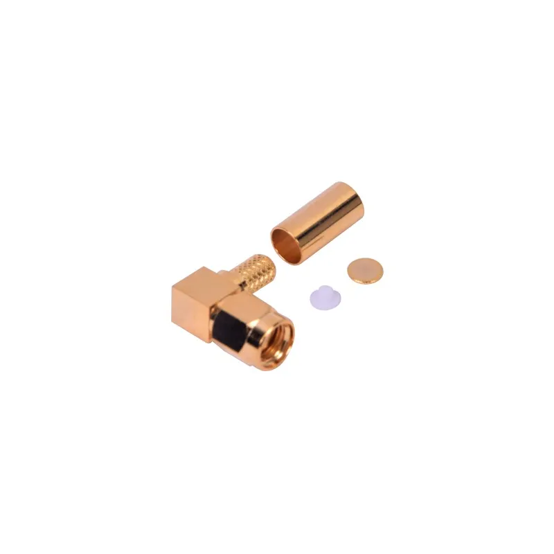 Conector SMA Macho Inverso en Ángulo Recto de Anillo Plegable para Cables RG-58/U, RG-142/U, Oro/ Oro/ Teflón.