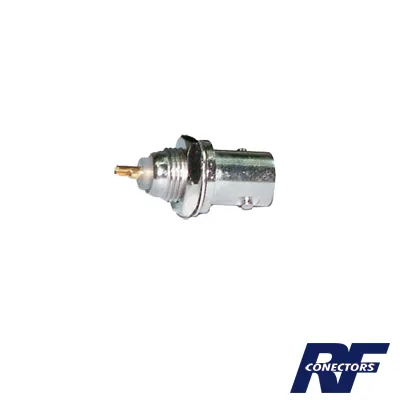 Conector BNC Hembra de Montaje Frontal D-Plano, Soldable, Rondana de Seguridad, Níquel/ Oro/ Delrin.