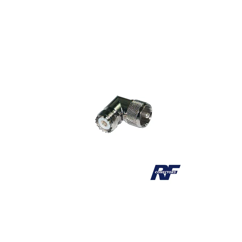 Adaptador en Ángulo Recto, de Conector UHF Macho (PL-259) a UHF Hembra (SO-239), Níquel/ Oro/ Delrin.
