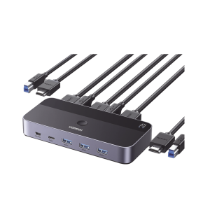 Conmutador KVM HDMI 4K | HDMI 2.0 | 2 Entradas 1 Salida | 4 Puertos USB 3.0 (3 USB-A *1 USB-C) | Soporta 4K@60Hz | HDR | Indicador Led | Compatible Win, MacOs y Linux | Carcasa de Aluminio.