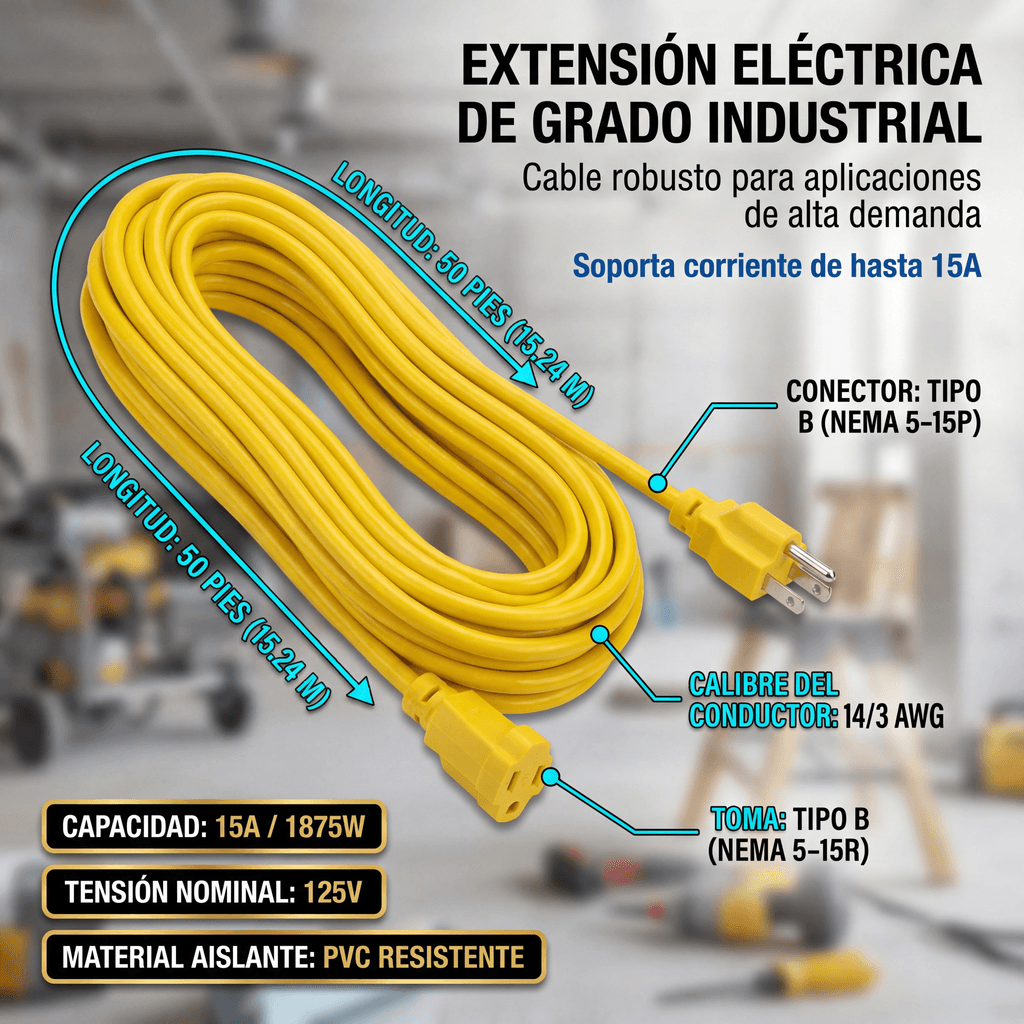 Extensión Eléctrica de Uso Rudo Aterrizada 15 metros / 127 V CA 10 A Máximo / Color Amarillo. - Image 4