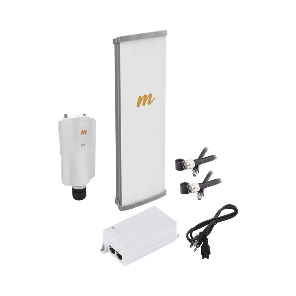 Kit de radio A5x con antena N545X4, 4.9 a 6.4 GHz, 700 Mbps, hasta 64 usuarios concurrentes, Monitoreo a travez de la nube, incluye jumper, PoE24V, cable de alimentación y montaje