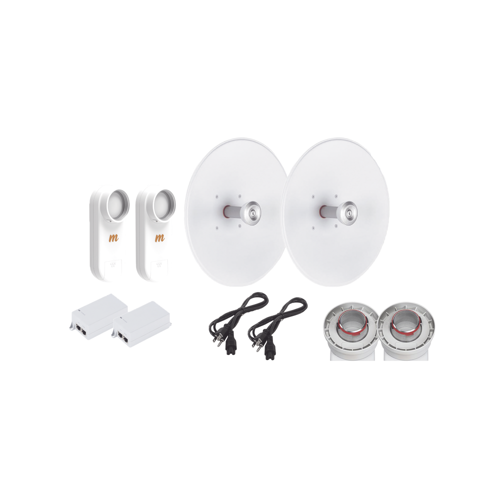 Enlace completo de 2 radios C5X con antenas UD-TP-27 (27 dBi), rango de frecuencia extendida (5.1 a 6.4 GHz), incluye inyector POE y cable de alimentación y adaptador para la antena