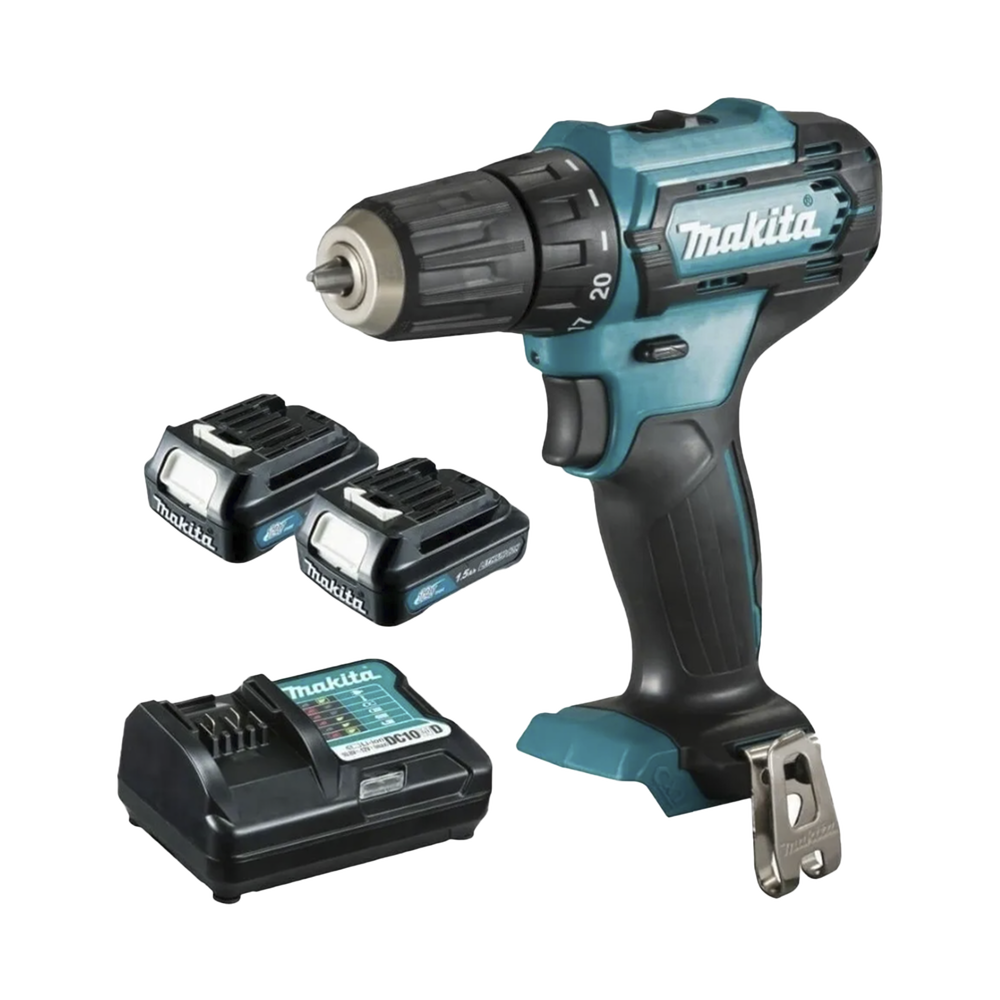 Atornillador broquero cambio rápido 3/8”. 2 baterías 12v de 1.5 amperes y cargador.