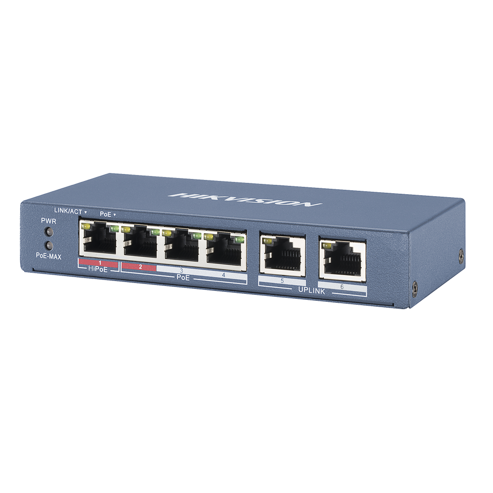 Switch PoE+ / No Administrable / 3 Puertos 10/100 Mbps 802.3 af/at (30 W) + 1 Puerto 10/100 Mbps Hi-PoE (60 W) / 2 Puertos 10/100 Mbps Uplink / Modo Extendido hasta 300 Metros / 60 W