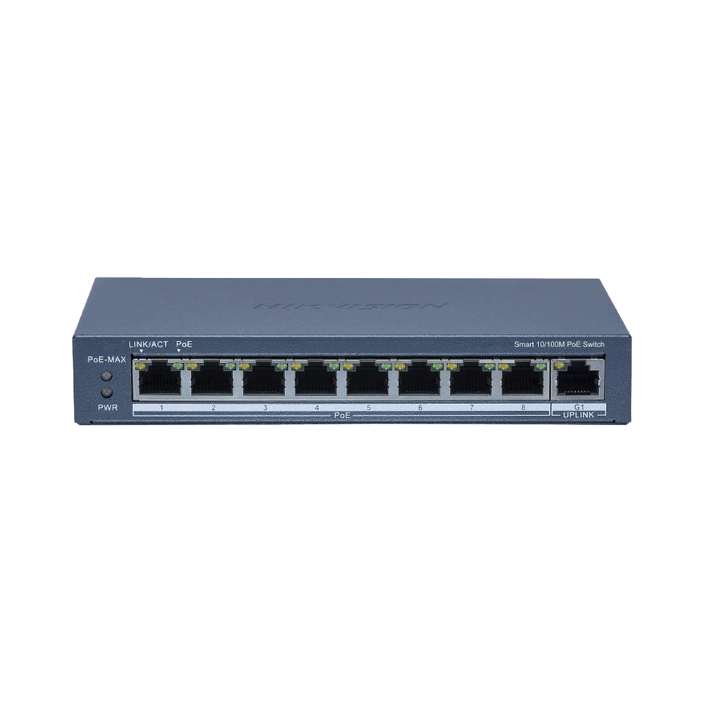 Switch PoE+ / Monitoreable / 8 Puertos 10/100 Mbps PoE+ / 1 Puerto 1000 Mbps Uplink / Configuración Nube Hik-Partner Pro / Modo Extendido hasta 300 metros / 60 W